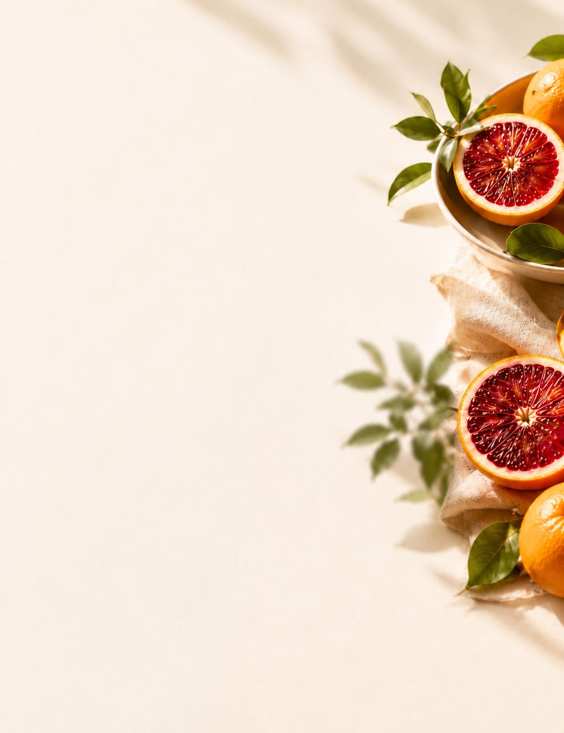 Blood oranges and green leaves arranged in warm natural light