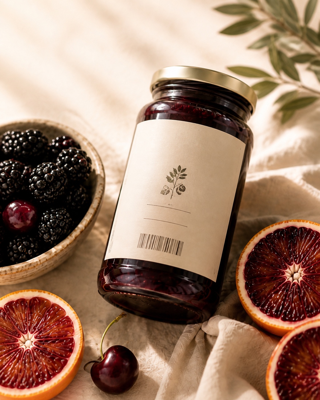 Berry compote beside blackberries and blood oranges in warm natural light