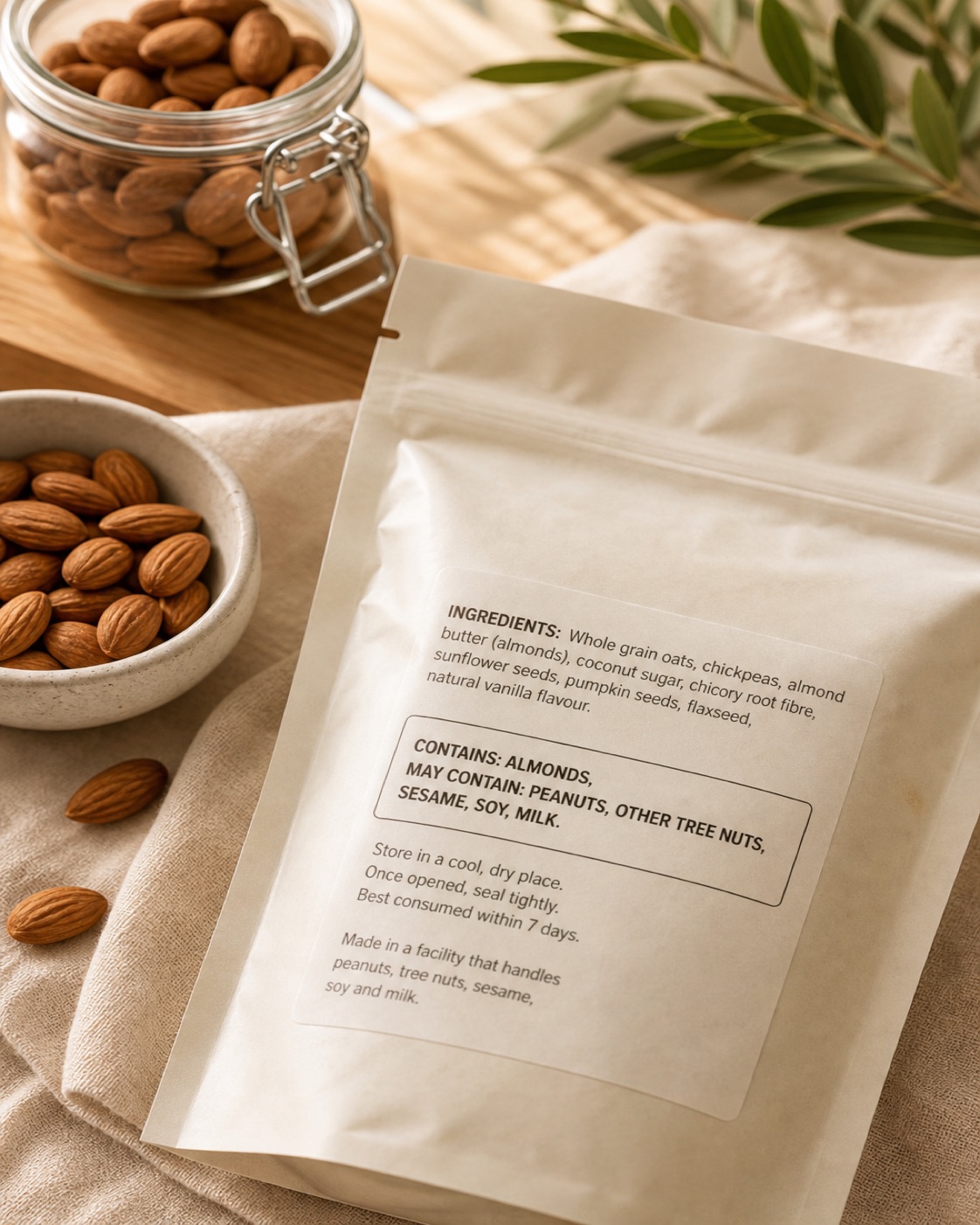 Hands reviewing a Contains-style allergen statement on an unbranded package beside almonds and pantry jars