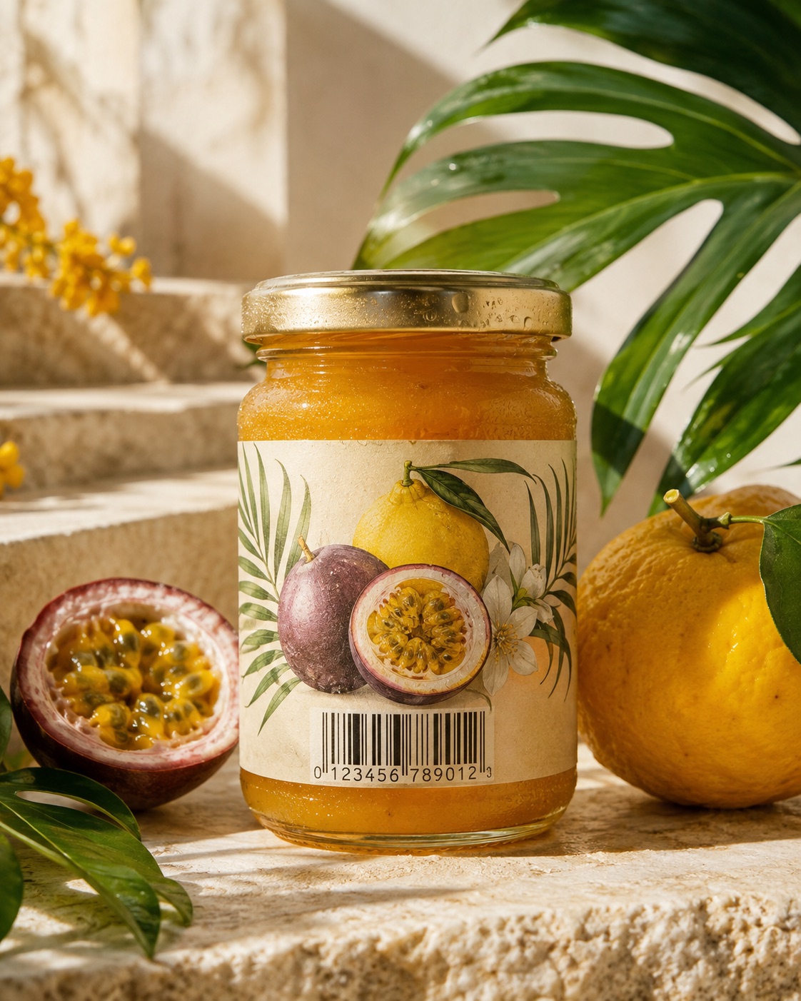 An unbranded passionfruit and yuzu fruit spread with a UPC barcode beside fresh tropical fruit