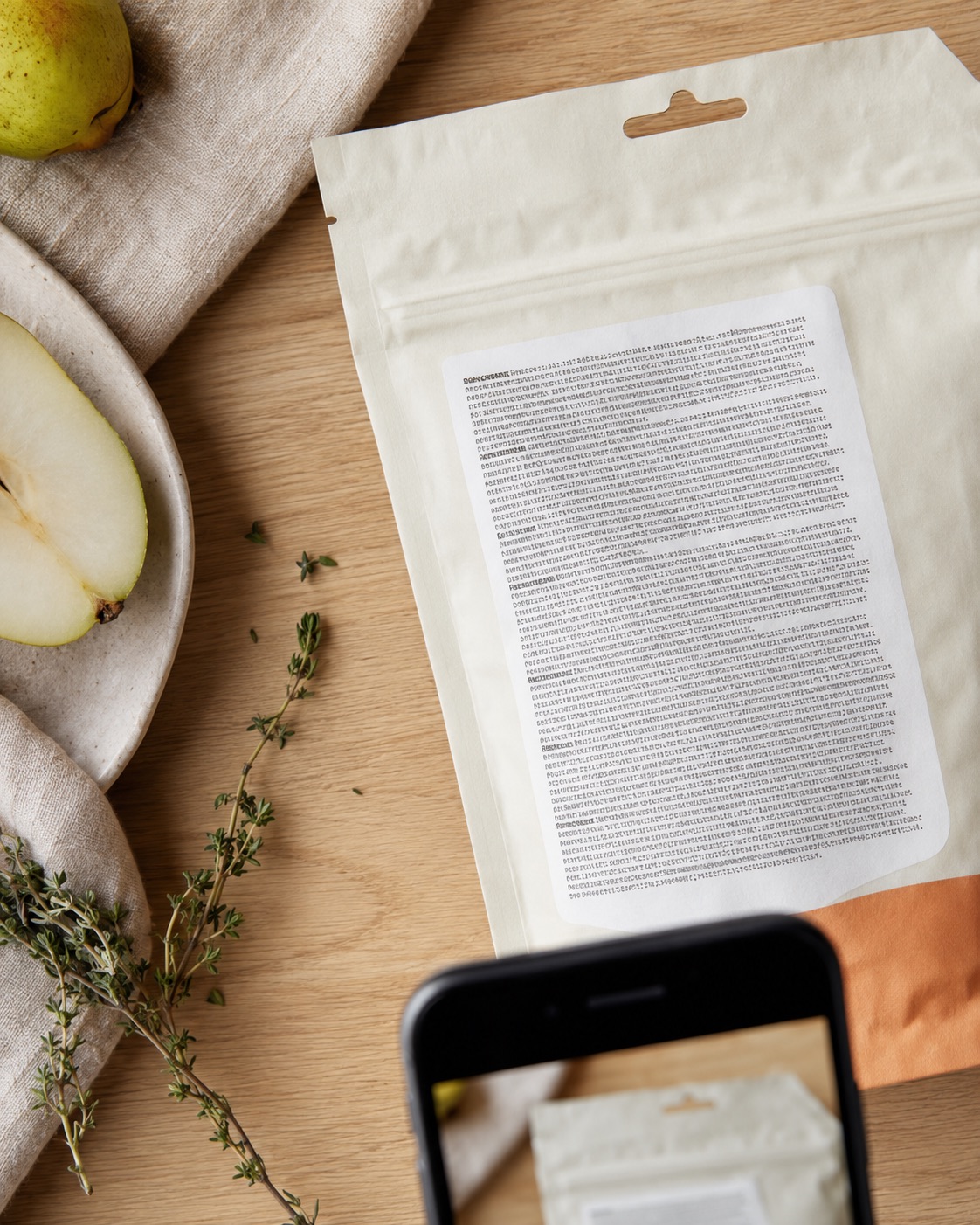 An ingredient panel on an unbranded package photographed in natural kitchen light
