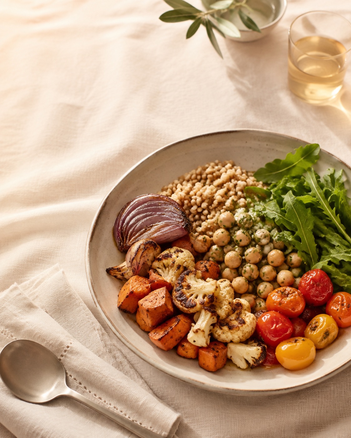 A plated meal with grains, roasted vegetables, chickpeas, and greens in natural light