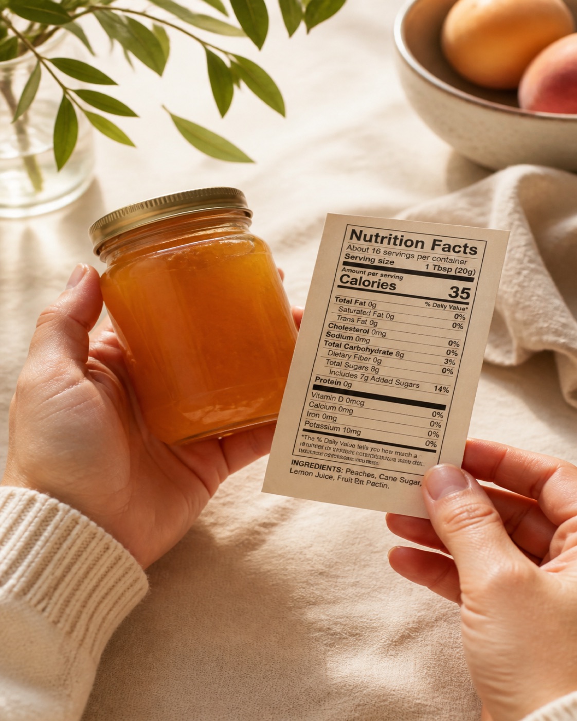 Hands carefully double-checking an unbranded jar label against the Nutrition Facts panel on cream linen
