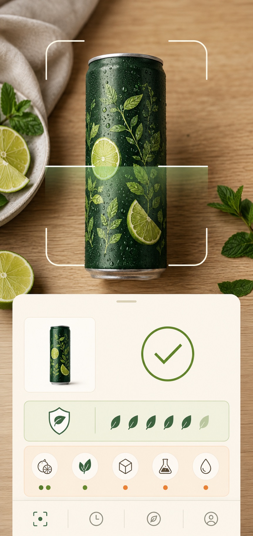 NutriLens scan interface showing a botanical lime drink with an approved result